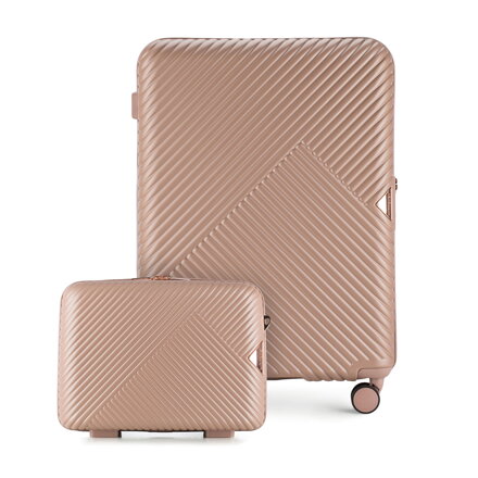 Średnia walizka i kosmetyczka z polikarbonu w paseczki pudrowy róż 56-3P-842-77K