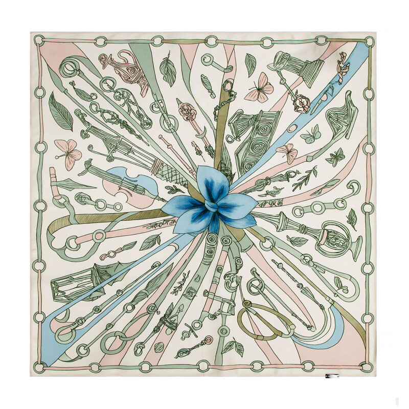 Damska apaszka z jedwabiu z dekoracyjnym motywem beżowo - niebieska 103-7D-S01-X10