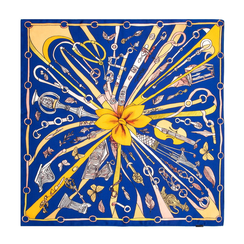 Damska apaszka z jedwabiu z dekoracyjnym motywem granatowo - żółta 103-7D-S01-X12