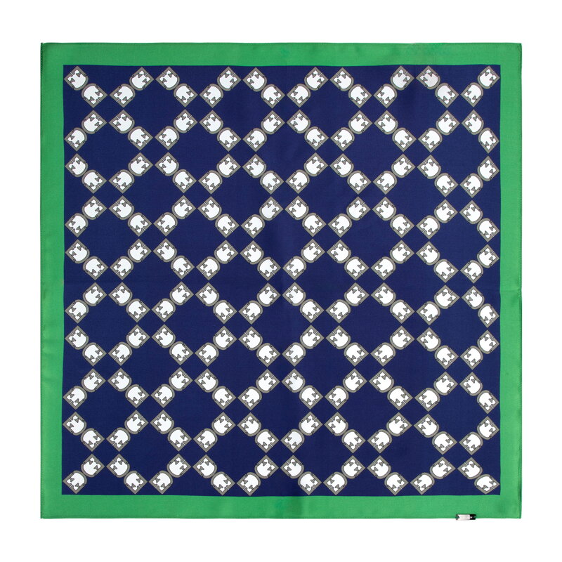 Jedwabna apaszka damska z geometrycznym monogramem granatowo - zielona 103-7D-S01-X4