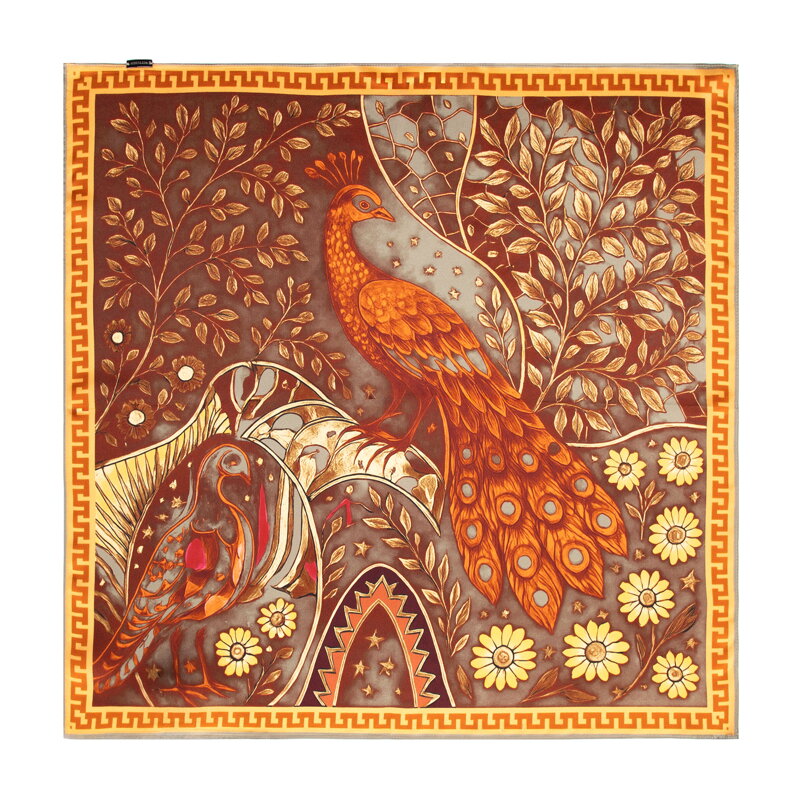 Apaszka z jedwabiu z dekoracyjnym motywem natury brązowo - pomarańczowa 103-7D-S01-X7