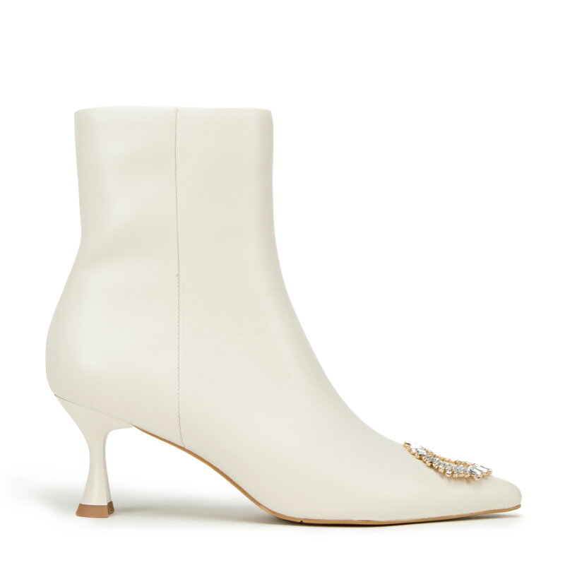 Botki skórzane z okrągłą klamrą na szpilce kremowe 97-D-515-0