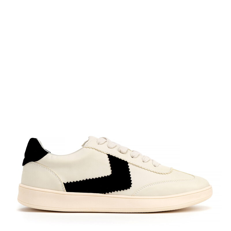Zamszowe sneakersy z kontrastowymi wstawkami z ekoskóry beżowo - czarne 100-D-351-9 Zamszowe sneakersy z kontrastowymi wstawkami z ekoskóry beżowo - czarne 100-D-351-9