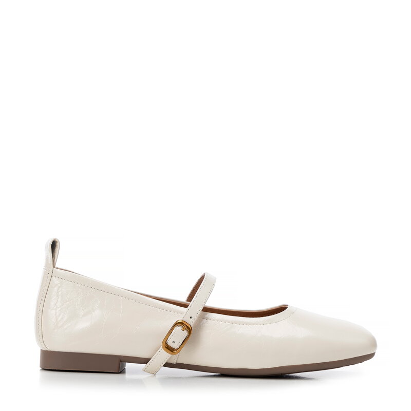 Skórzane baleriny w stylu Mary Jane kremowe 100-D-952-9