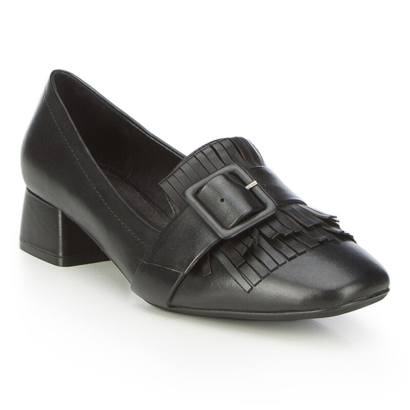 Czółenka ze skóry z frędzlami i klamrą czarne 87-D-920-1