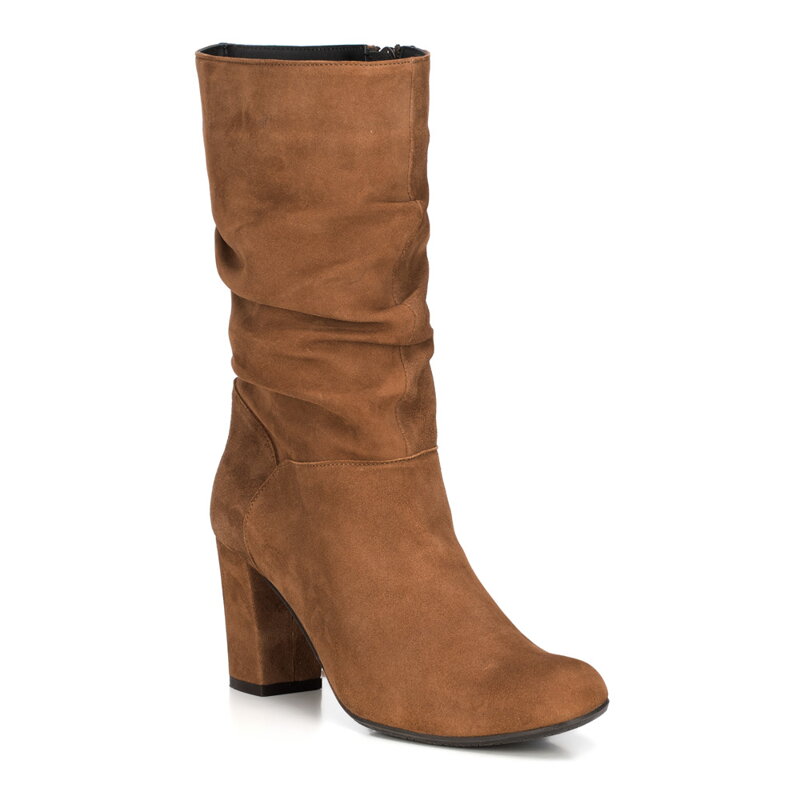 Botki z zamszu na słupku do połowy łydki brązowe 89-D-804-5