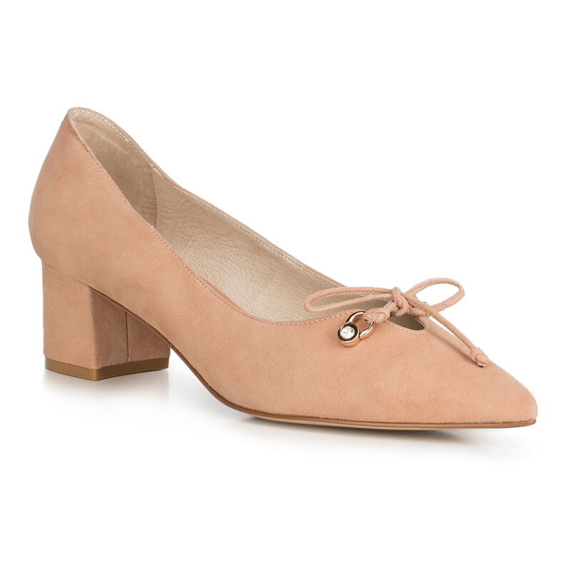 Czółenka na słupku zamszowe z  kokardką 90-D-903-9