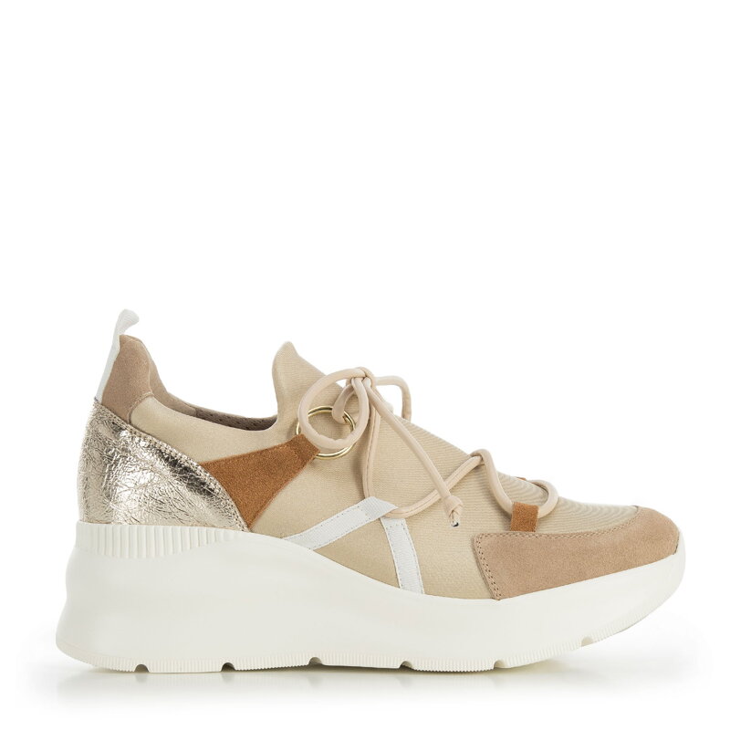 Damskie sneakersy z elastycznej tkaniny na koturnie beżowo-białe 95-D-657-9