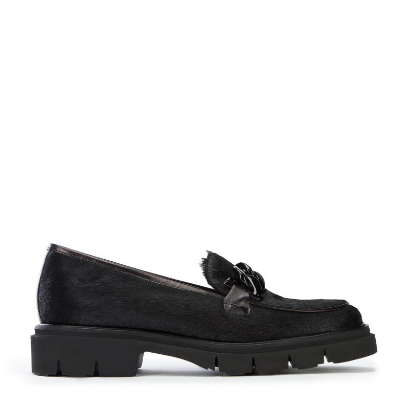 Damskie mokasyny skórzane z włosiem z grubym łańcuchem czarne 97-D-111-1