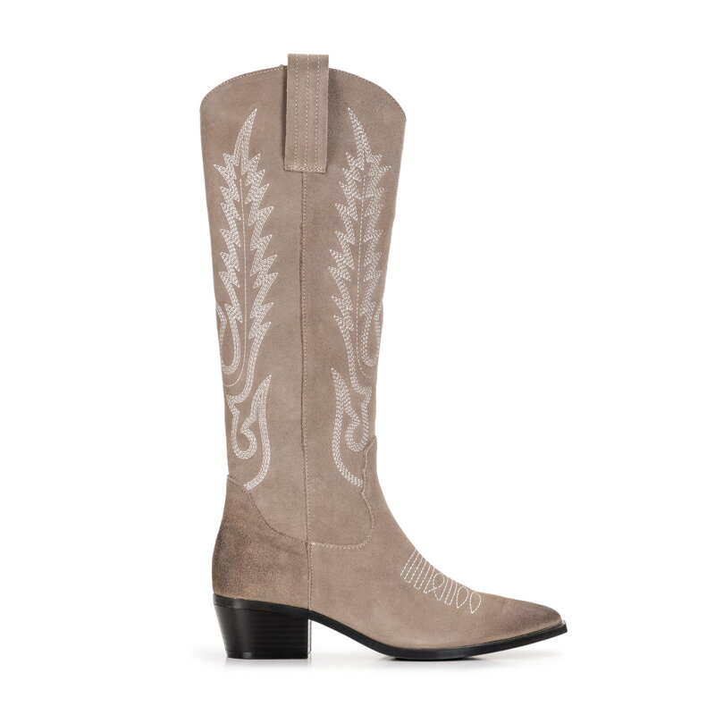 Damskie kowbojki zamszowe z haftem wysokie beżowe 97-D-852-9