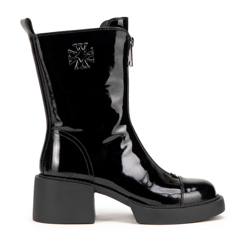 Damskie botki skórzane z monogramem czarno - srebrne 99-D-500-1L