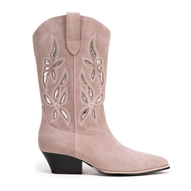 Dámske semišové kovbojské čižmy nazúvacie béžové 99-D-956-8