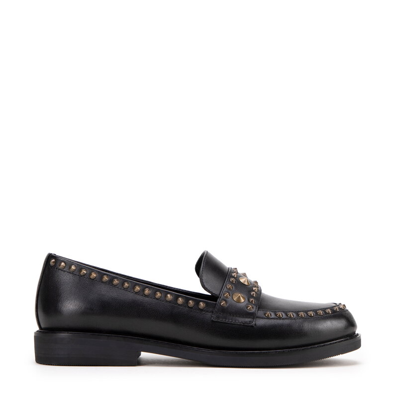 Damskie loafersy skórzane z ozdobnymi nitami czarne 99-D-959-1