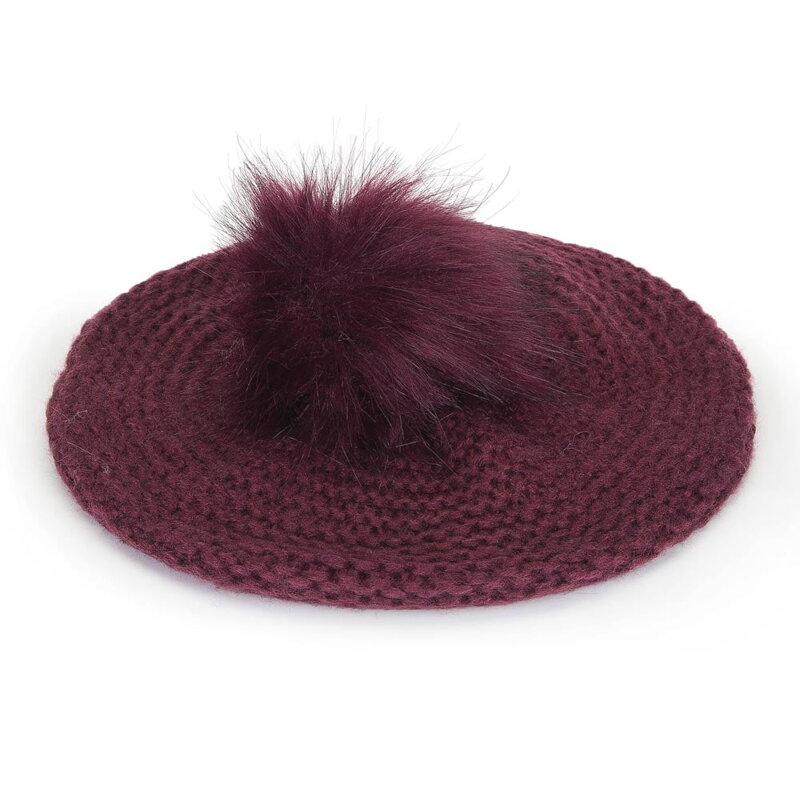 Damski beret z dzianiny z pomponem 91-HF-013-2