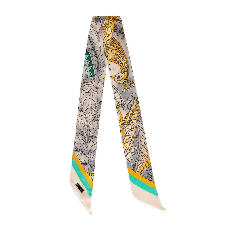 Damska apaszka typu twilly z jedwabiu z motywem natury szaro - żółta 103-7D-S03-X20