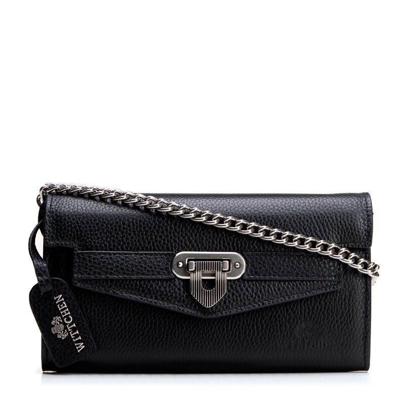 Damska kopertówka ze skóry naturalnej na łańcuszku czarna 101-4E-217-1