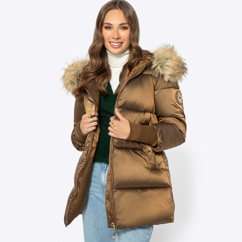 Dámska zlatá bunda s kožušinovou kapucňou 99-9D-400-G