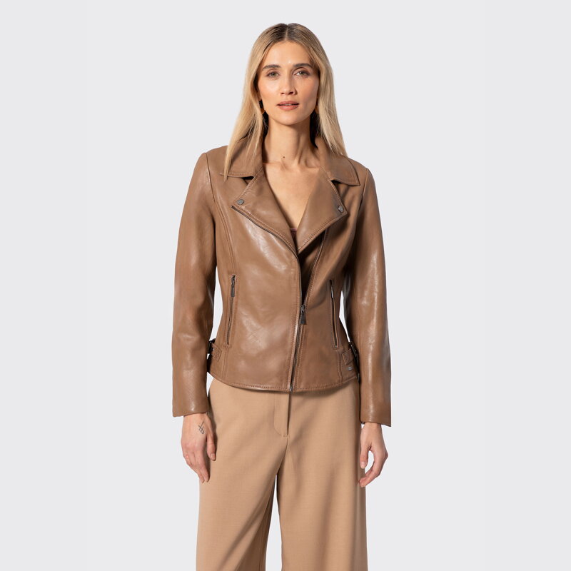 Damska kurtka ramoneska ze skóry naturalnej owczej brązowa 102-09-400-9