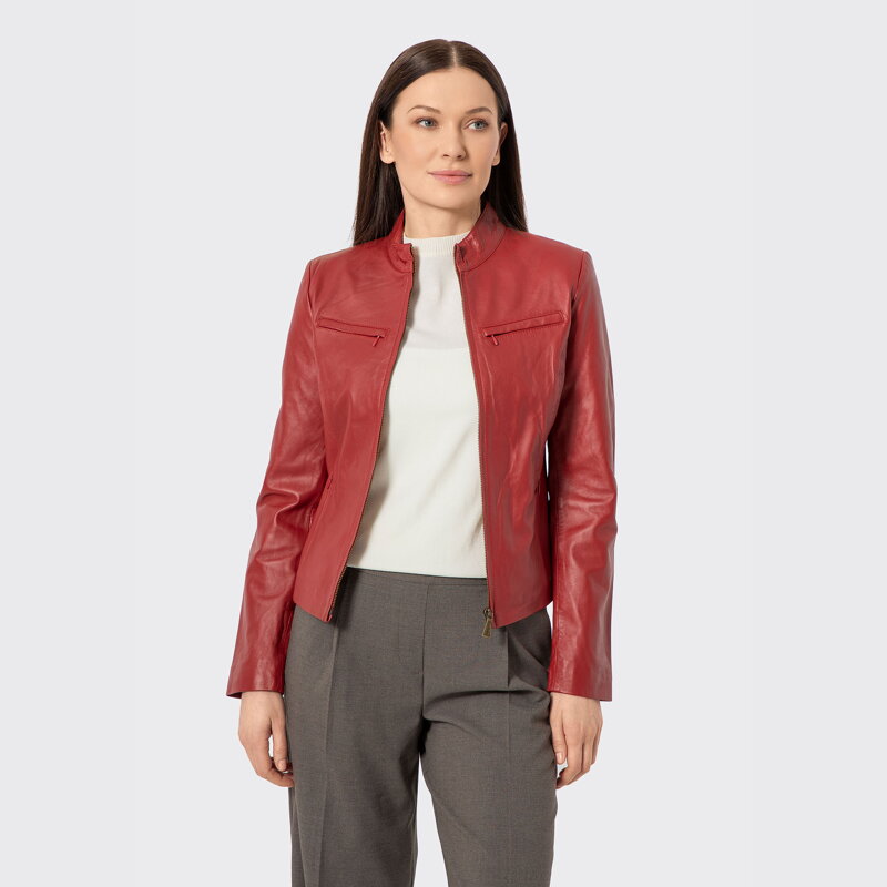 Dámska červená kožená bunda 100-09-801-3