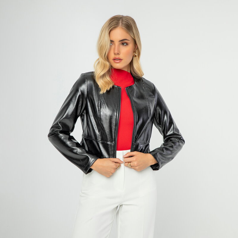 Damska kurtka ze skóry ekologicznej czarno - grafitowa 99-9P-102-11