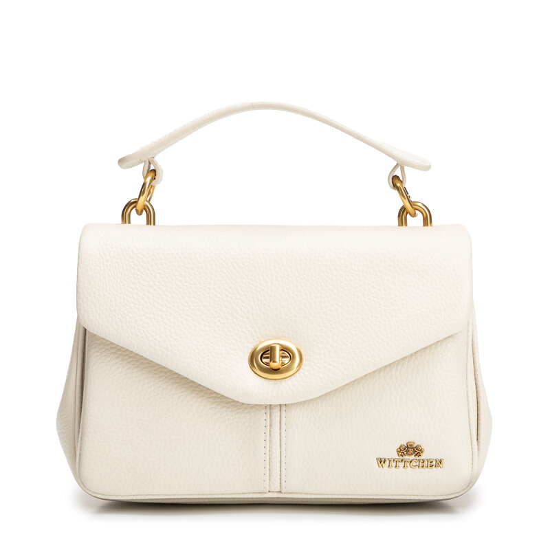 Damska listonoszka trójkomorowa ze skóry naturalnej kremowa 101-4E-210-0