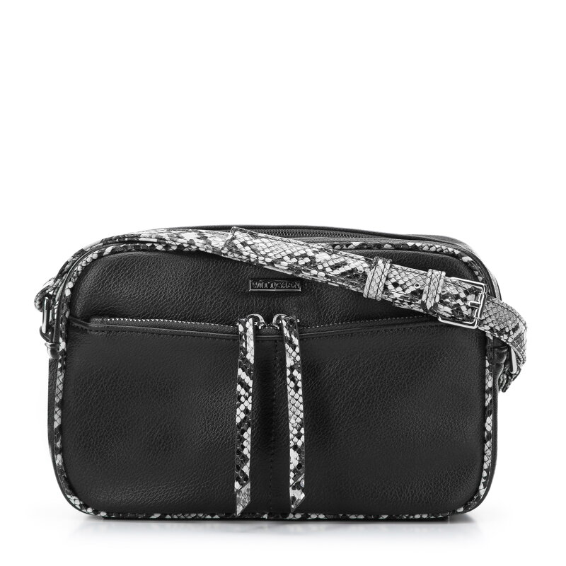 Damska listonoszka z obszyciem z ekoskóry o fakturze lizard czarno-szara 97-4Y-509-1