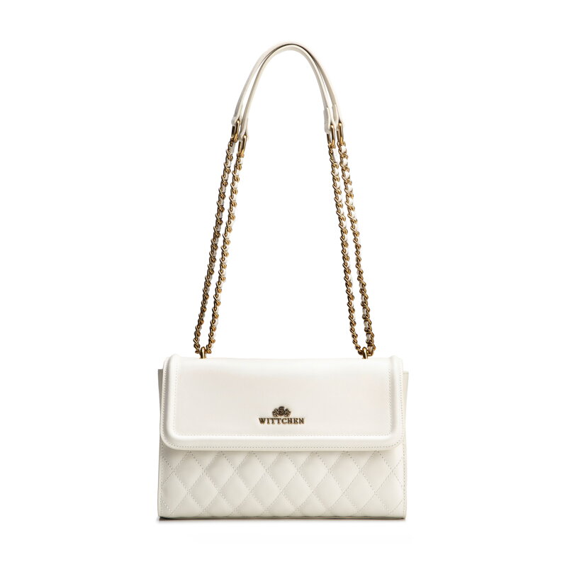 Dámska kabelka cez rameno z pravej kože s prešívaním, krémovo-zlatá 100-4E-205-0G