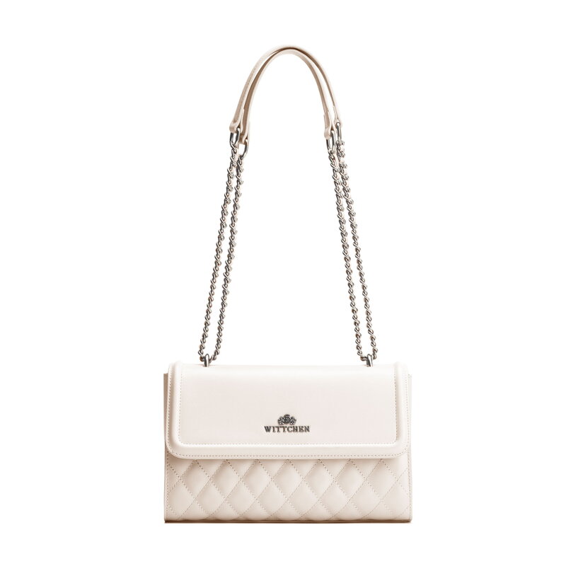 Dámska kabelka cez rameno z pravej kože s prešívaním, krémovo-strieborná 100-4E-205-0S