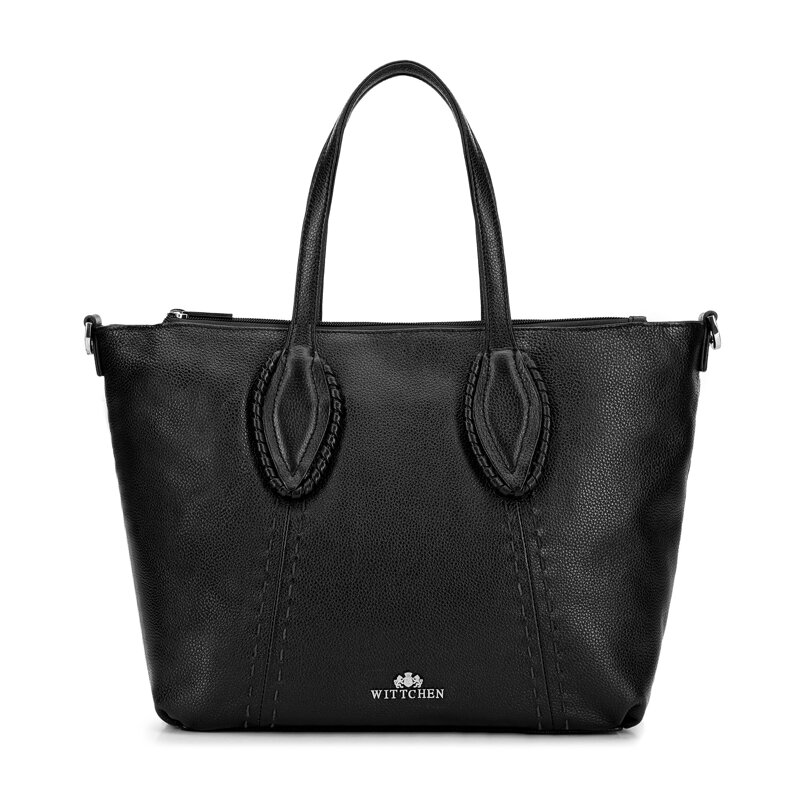 Damska shopperka ze skóry naturalnej w dekoracyjne przeszycia czarna 101-4E-808-1