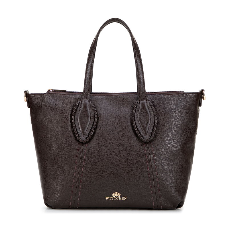 Damska shopperka ze skóry naturalnej w dekoracyjne przeszycia brązowa 101-4E-808-4