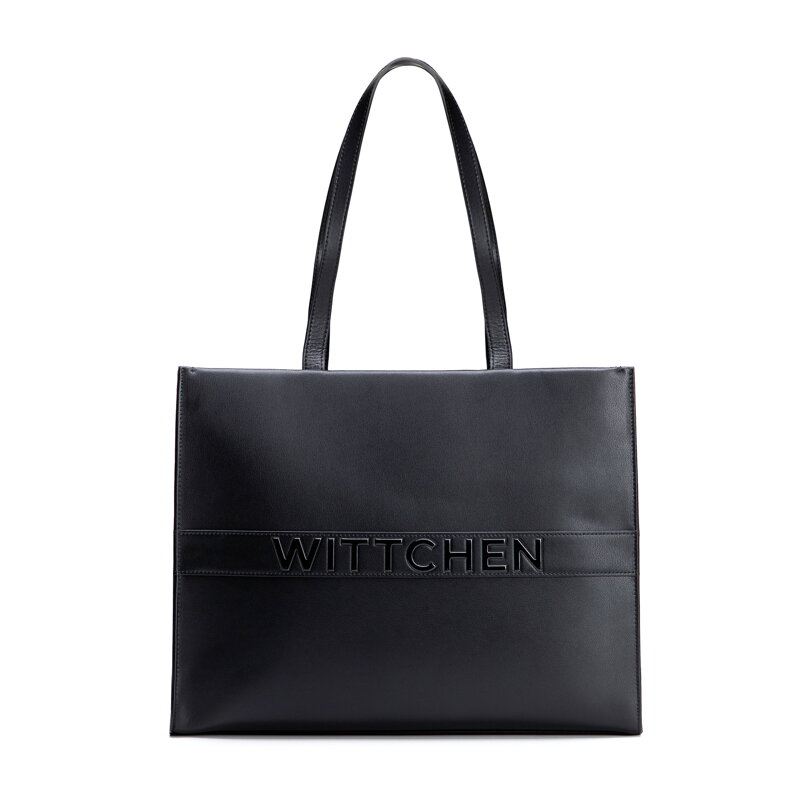 Dámska kožená shopper kabelka s veľkým logom, čierna 100-4E-635-1