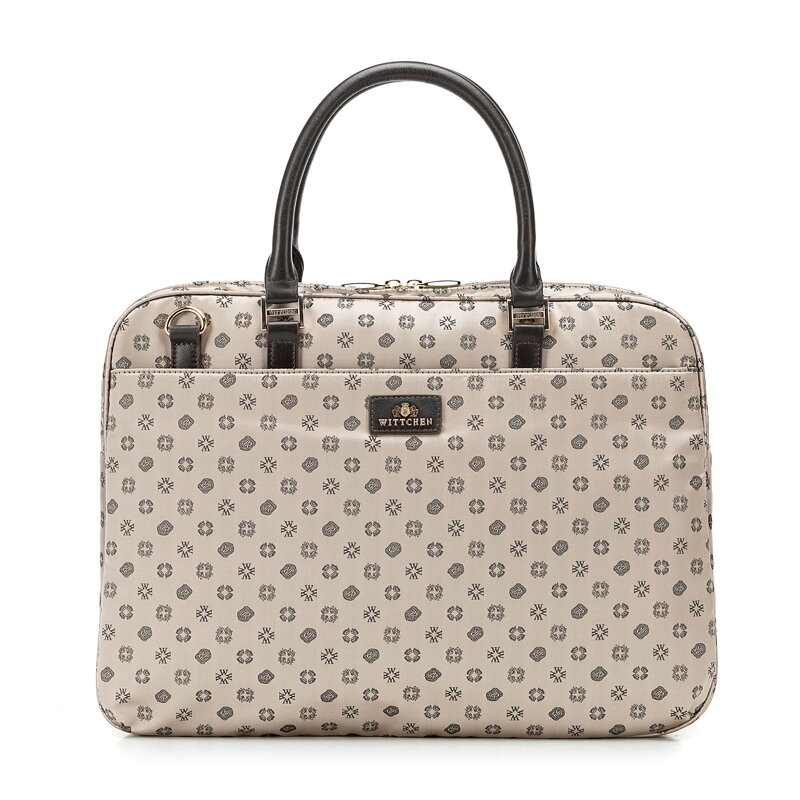 Damska torba na laptopa 14" z żakardu w monogram beżowa 98-4E-907-8 Damska torba na laptopa 14" z żakardu w monogram beżowa 98-4E-907-8