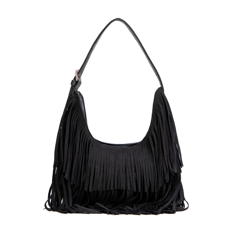 Damska torebka na ramię z frędzlami czarna 102-4Y-409-1