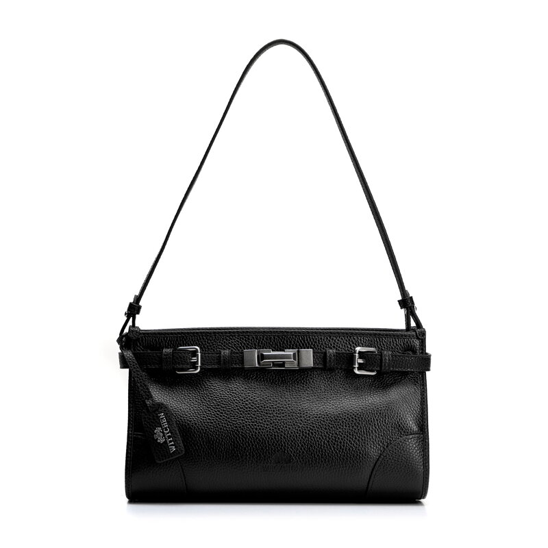 Damska torebka na ramię ze skóry naturalnej z dekoracyjnym paskiem czarne 101-4E-219-1