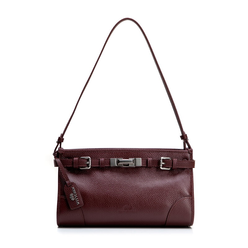 Damska torebka na ramię ze skóry naturalnej z dekoracyjnym paskiem bordowa 101-4E-219-3