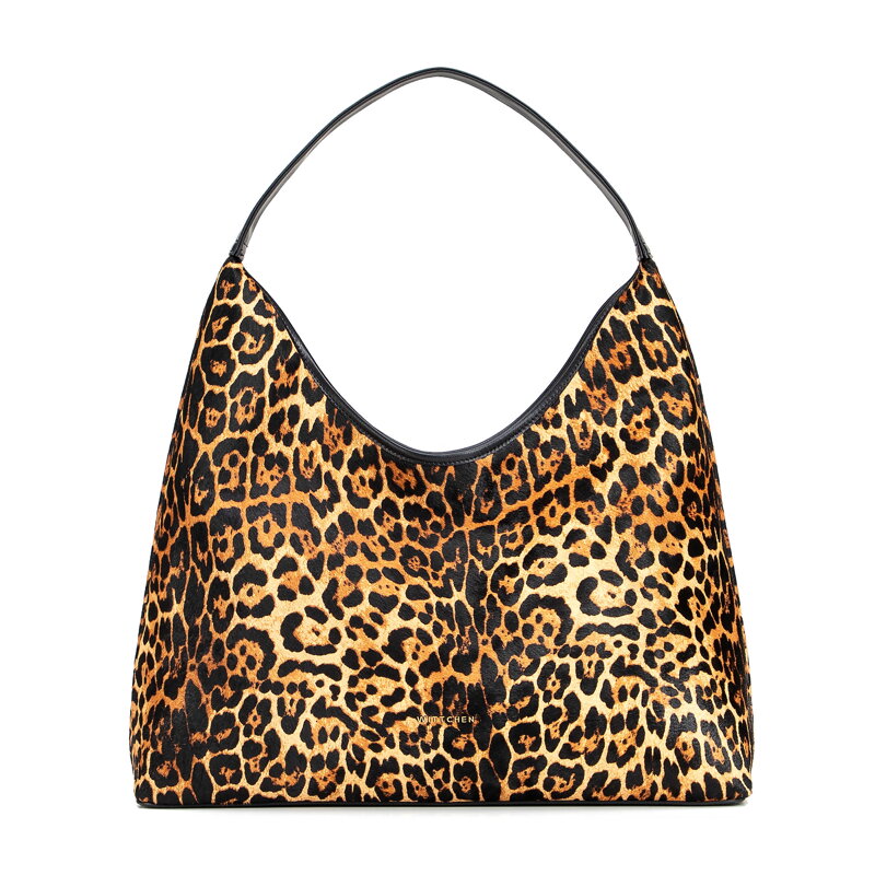 Damska torebka typu hobo ze skóry naturalnej w panterkę czarno - brązowa 102-4E-606-4