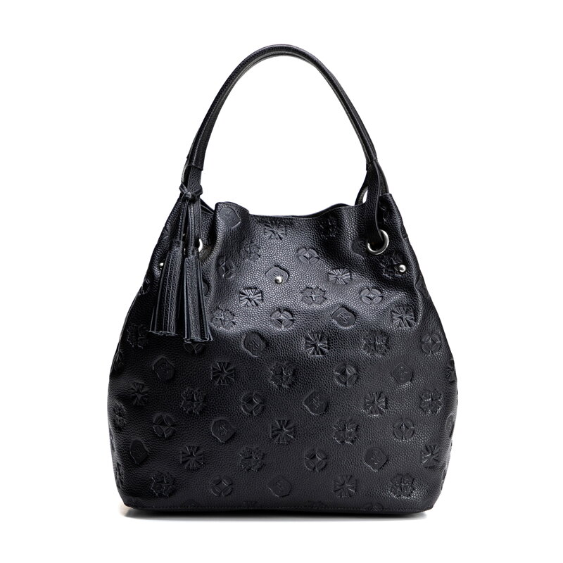 Dámska kožená kabelka s monogramom, čierna a strieborná 100-4E-632-1S