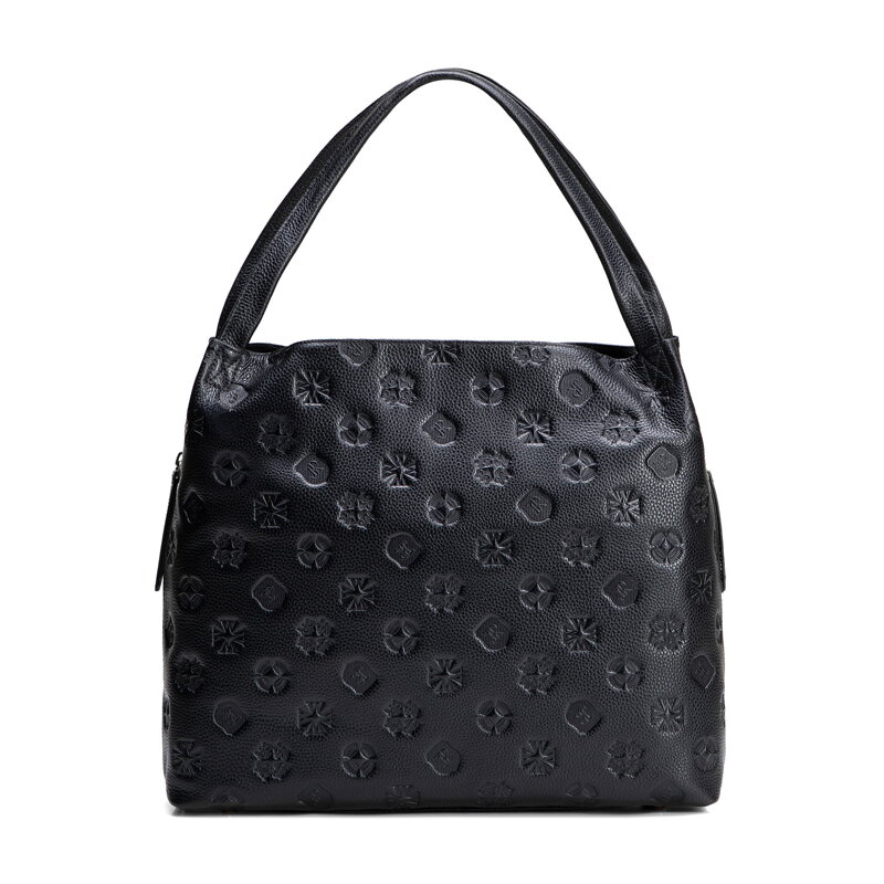 Dámska kožená kabelka s monogramom, čierna a strieborná 100-4E-625-1S