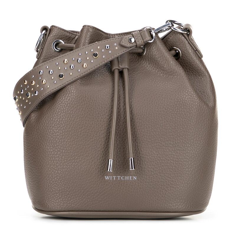 Damska torebka worek z imitacji skóry z dżetami ciemny beż 101-4Y-705-9