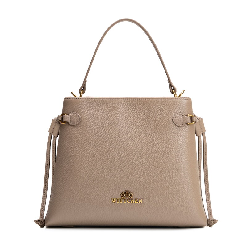 Damski kuferek ze skóry naturalnej z troczkami beżowo - złoty 102-4E-212-9G