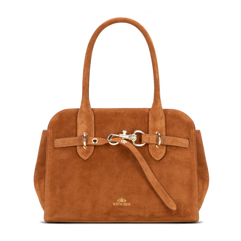 Damski kuferek ze skóry zamszowej z dekoracyjnym zapięciem jasny brąz 102-4E-001-5