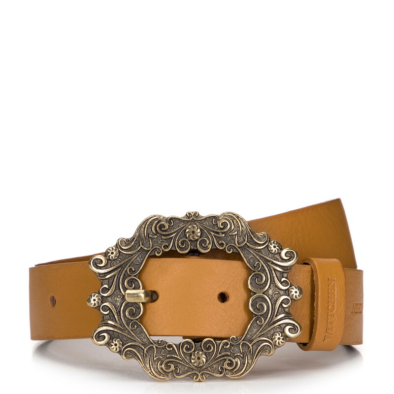 Damski pasek skórzany z fantazyjną klamrą karmelowy 98-8D-102-4