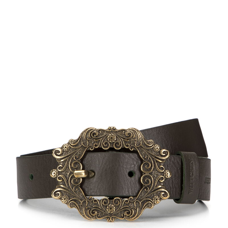 Damski pasek skórzany z fantazyjną klamrą oliwkowy 98-8D-108-Z