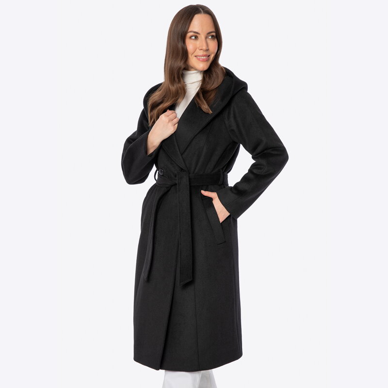 Damski płaszcz dwurzędowy z wełną czarny 101-9W-503-1