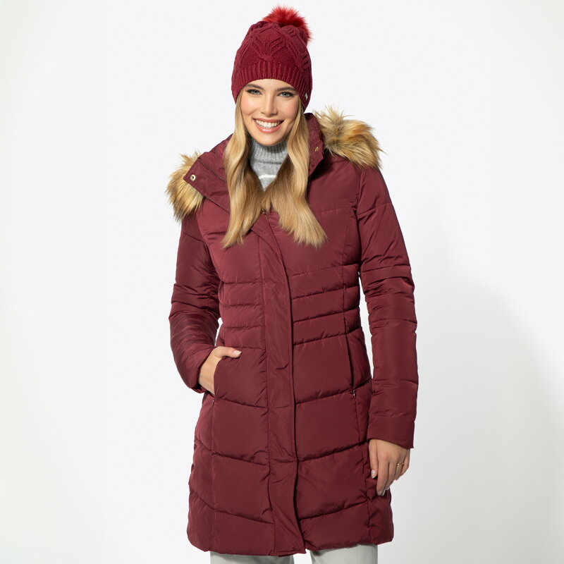 Damska kurtka puchowa pikowana z kapturem bordowa 95-9D-405-3