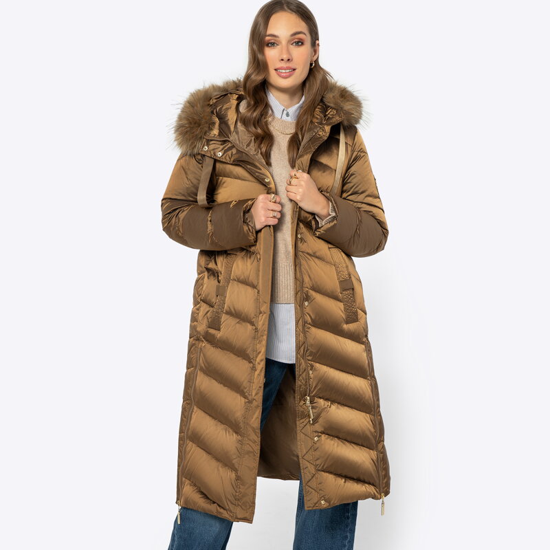 Damski płaszcz puchowy pikowany z nylonu złoty 99-9D-402-G Damski płaszcz puchowy pikowany z nylonu złoty 99-9D-402-G