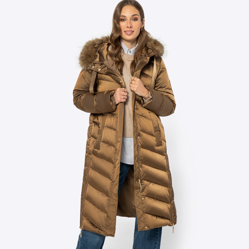 Damski płaszcz puchowy pikowany z nylonu złoty 99-9D-402-G