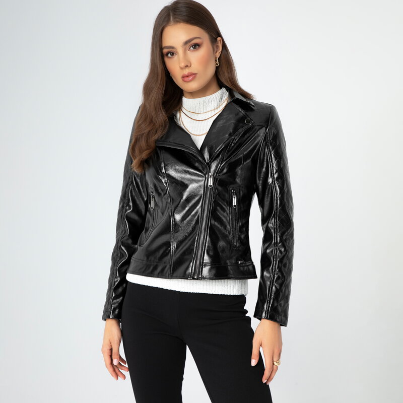 Damska ramoneska z ekoskóry czarno - grafitowa 99-9P-101-11