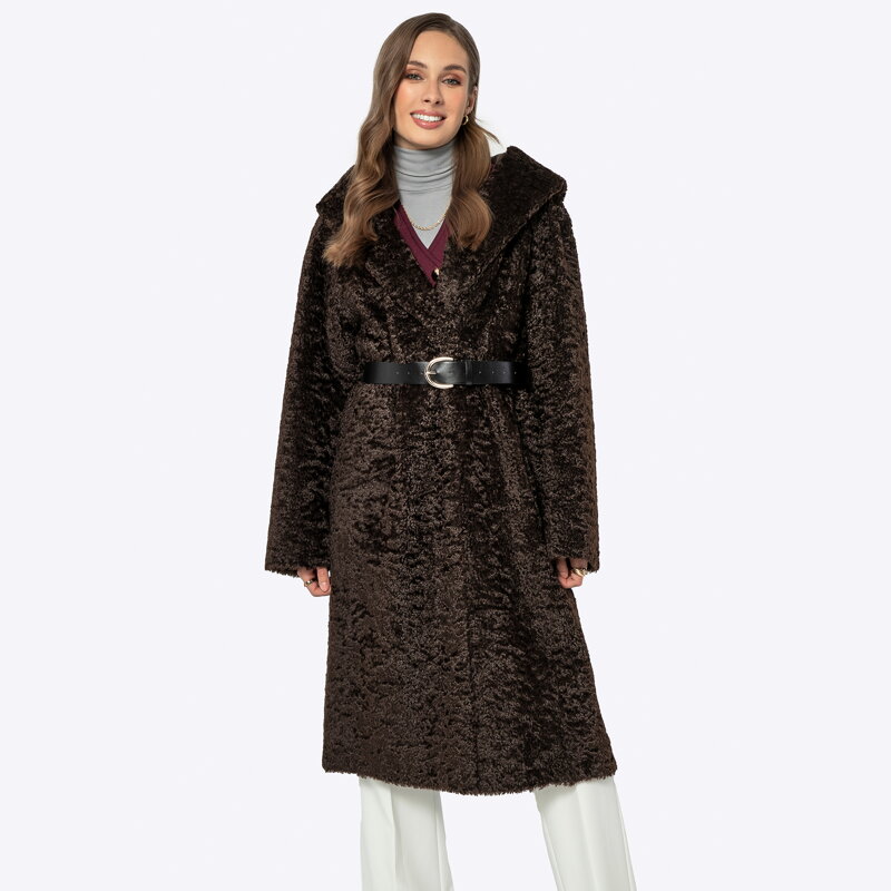 Damski płaszcz z kapturem dwurzędowy brązowy 99-9W-002-4