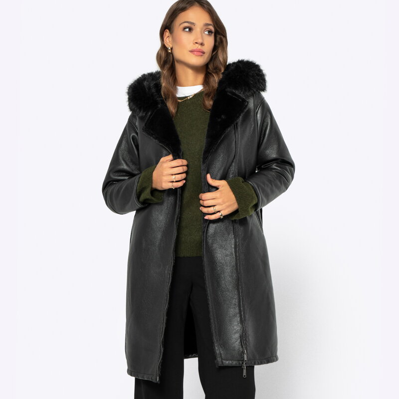 Damski płaszcz ze skóry ekologicznej z paskiem czarny 99-9P-113-1